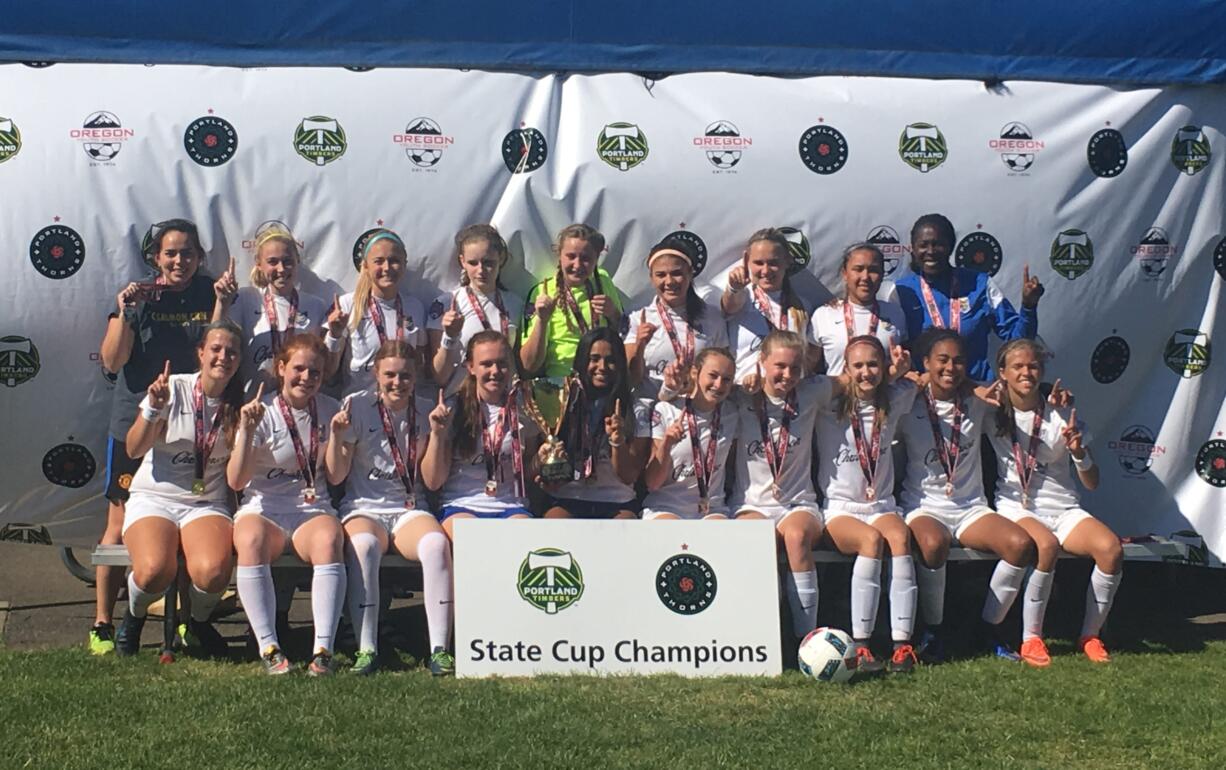 The Salmon Creek Nemesis Girls 2000 soccer team, coached by Tina Ellertson, after winning the Oregon State Cup on May 7, 2016.