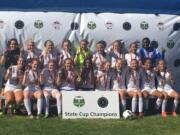 The Salmon Creek Nemesis Girls 2000 soccer team, coached by Tina Ellertson, after winning the Oregon State Cup on May 7, 2016.