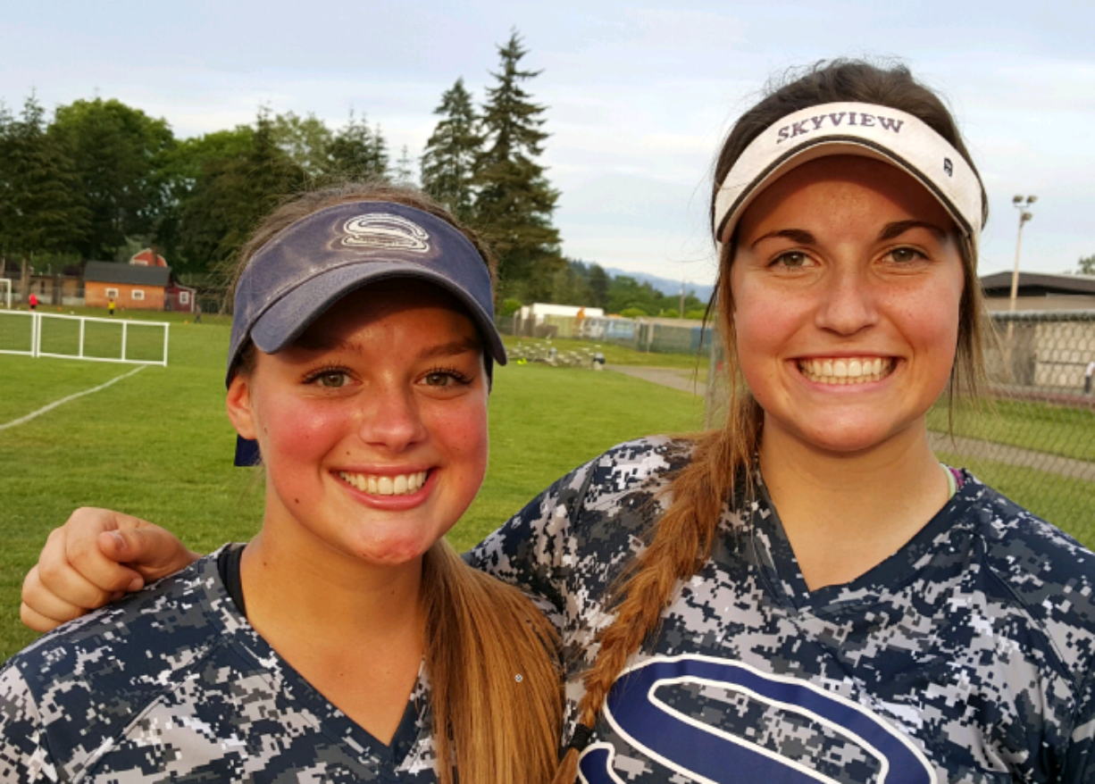 Alexandra Barter, left, hit the game-winning home run and Kayla Moore pitched a shutout in Skyview's 2-0 win over Camas in the 4A Greater St. Helens League district softball tournament on Tuesday.