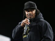 Marshawn Lynch, a former NFL football running back with the Seattle Seahawks, speaks Thursday, May 5, 2016, at a job fair in Seattle sponsored by the 100,000 Opportunities Initiative, an organization backed by Starbucks and other companies that seeks to increase employment and education opportunities for youth aged 16-24. The Seahawks announced Thursday that Lynch has been placed on the reserve/retired list. (AP Photo/Ted S.