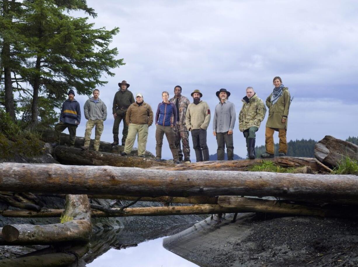 Larry Roberts, from left, Justin Vititoe, Jose Martinez Amoedo, Tracy Wilson, Mary Kate Green, Desmond White, Randy Champagne, Mike Lowe, David McIntyre and Nicole Apelian appear in the History Channel survival competition series &quot;Alone.&quot; (Brendan Meadows/History)