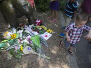 A boy is led away after putting flowers beside a statue of a gorilla outside the shuttered Gorilla World exhibit at the Cincinnati Zoo &amp; Botanical Garden on Monday in Cincinnati. A gorilla named Harambe was killed by a special zoo response team on Saturday after a 4-year-old boy slipped into an exhibit and it was concluded his life was in danger.