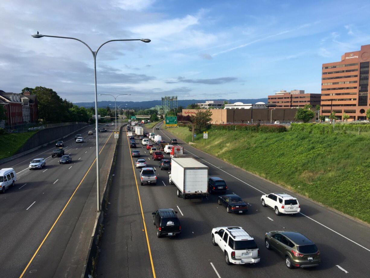 Southbound traffic backed up for miles Thursday, May 5, 2016 on Interstate 5 due to an early morning accident near the Marquam Bridge in Portland.