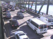 This traffic cam image shows traffic at the sound end of the southbound lanes on the Interstate 5 Bridge at a standstill at 5:53 p.m. Sunday, a little more than an hour after a fatal crash on I-5 just south of the bridge.