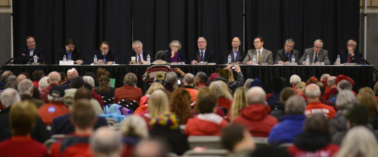 The state Energy Facility Site Evaluation will be judge and jury during adjudication hearings that start Monday. It is the latest step, and nearly the last, toward a recommendation for the governor on the approval or denial of an oil terminal at the Port of Vancouver. Above, the evaluation council listens to testimony on the project&#039;s environmental review in January.