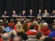 The state Energy Facility Site Evaluation will be judge and jury during adjudication hearings that start Monday. It is the latest step, and nearly the last, toward a recommendation for the governor on the approval or denial of an oil terminal at the Port of Vancouver. Above, the evaluation council listens to testimony on the project&#039;s environmental review in January.