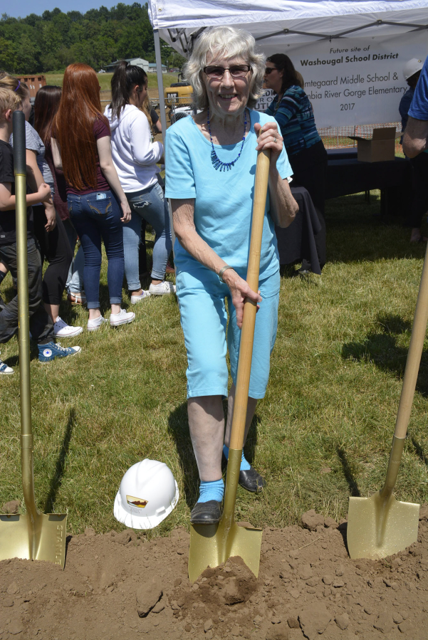 Alma Jemtegaard Ladd at the groundbreaking ceremony for the project to replace Jemtegaard Middle School. Ladd is the niece of the school's namesake, Gudrun Jemtegaard, a former Washougal teacher.