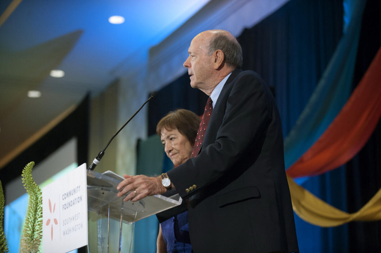 Pauline and Bob Kirchner receive the Philanthropists of the Year award Tuesday during the Community Foundation for Southwest Washington&#039;s annual luncheon.