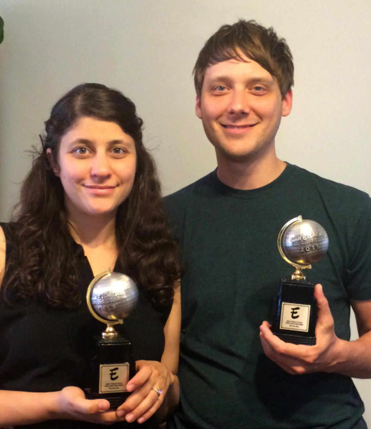 Ariel Cohn and Aron Steinke with their Will Eisner Comic Industry Awards, which they won for their book &quot;The Zoo Box.&quot;