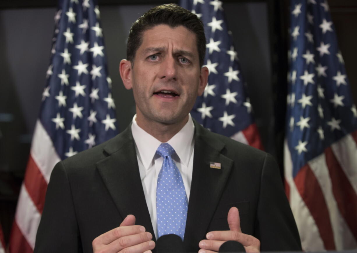 House Speaker Paul Ryan of Wis., and the House GOP leadership, talks to reporters at the Republican National Committee headquarter on Capitol Hill in Washington, Tuesday, June 14, 2016, about their response to the deadly shooting in Orlando on Sunday that left 49 dead and more than 50 injured. Ryan said that a ban on Muslims entering the U.S. as presidential nominee Donald Trump proposes, is not in the nation&#039;s interest.  (AP Photo/J.