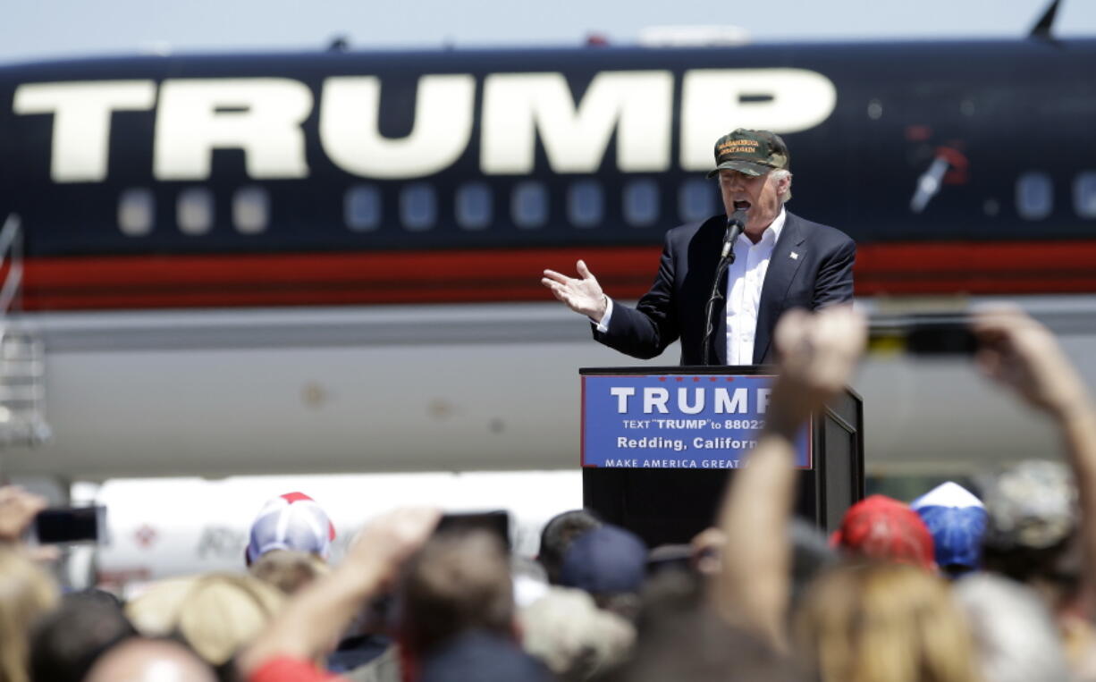 Donald Trump speaks at a campaign rally Friday at the Redding Municipal Airport in Redding, Calif.