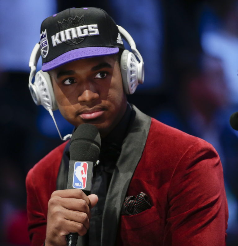 Marquese Chriss answers questions during an interview after being selected eighth overall by the Sacramento Kings during the NBA basketball draft, Thursday, June 23, 2016, in New York.