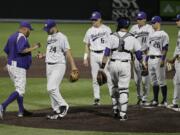 Washington starting pitcher Joe DeMers (24) is taken out of the game in the second inning of an NCAA college baseball regional tournament game against Xavier Sunday, June 5, 2016, in Nashville, Tenn. DeMers gave up six runs in less than two innings.