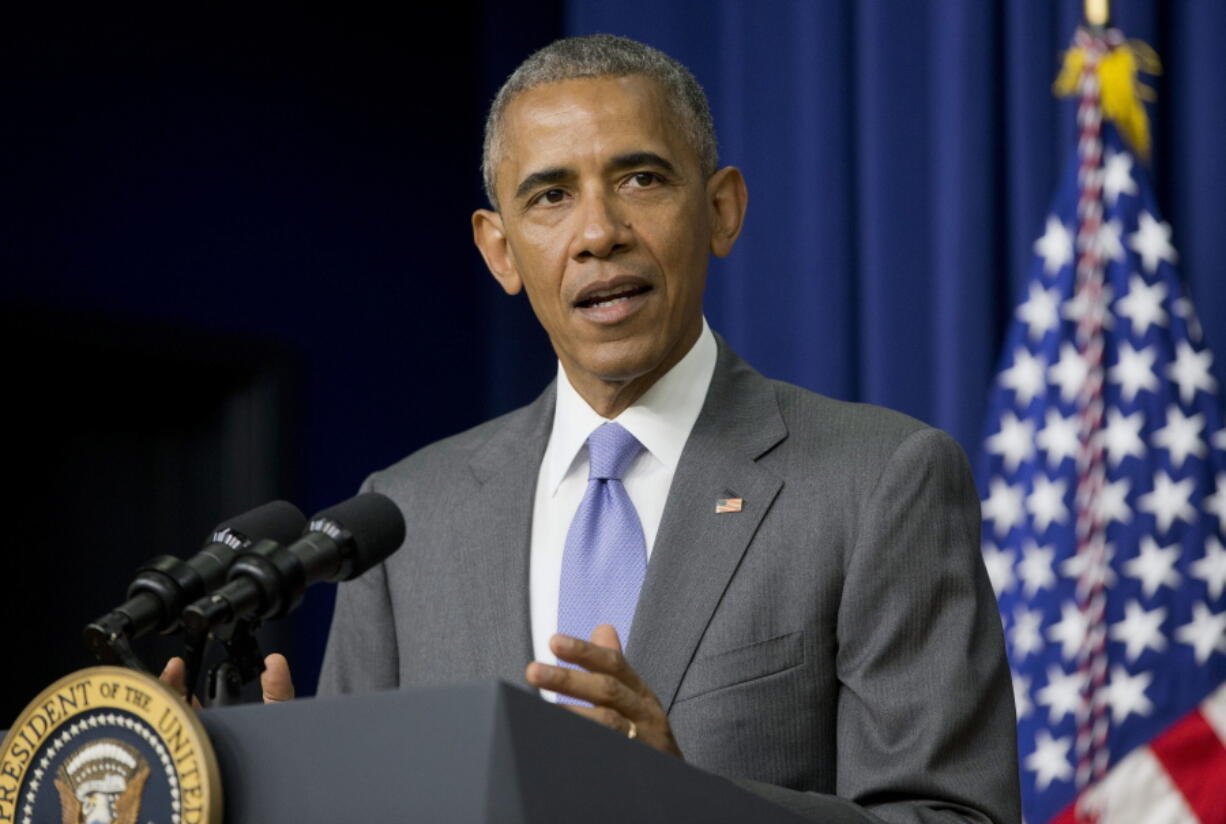 President Barack Obama speaks in the Eisenhower Executive Office Building on the White House complex in Washington on Wednesday before signing bill H.R. 2576, the Frank R. Lautenberg Chemical Safety for the 21st Century Act.