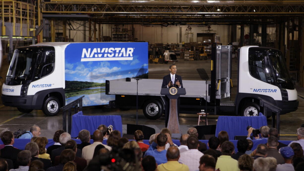 President Barack Obama as he delivers remarks on the economy in front of Navistar&#039;s all-electric commercial truck at a manufacturing plant in Wakarusa, Ind.