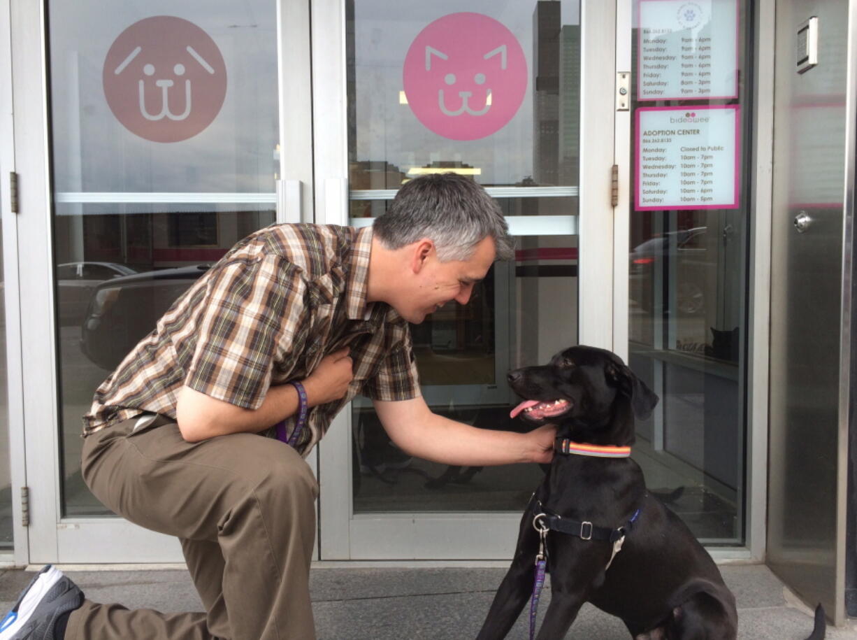 Mike Rueb of the Bideawee animal shelter in New York pets Clay, a 9-month-old black lab mix, last month outside the shelter in New York.