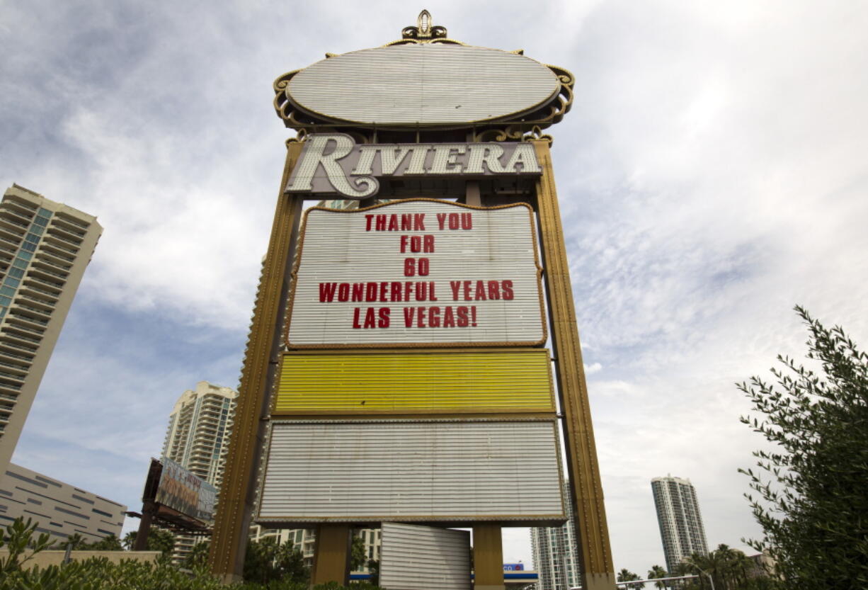 A sign thanks guests at the 60-year-old Riviera Hotel and Casino in Las Vegas, Nev., in 2015.