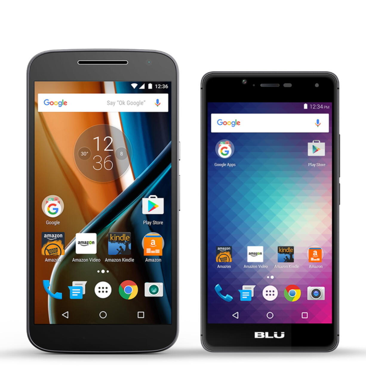 Motorola&#039;s Moto G, left, and the Blu R1 HD. These phones will come with ads on the lock screen and lots of Amazon apps on the home screen. You can hide those apps, but won&#039;t be able to uninstall them.