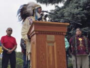 JoDe Goudy, chairman of the Yakama Nation, speaks to residents during a news conference held by Pacific Northwest tribes to condemn the transport of fossil fuels by rail through the Columbia River Gorge in this June 9, 2016, in Mosier, Ore. The fiery derailment of a Union Pacific oil train on June 3 led to evacuations and fear in this tiny river town and local tribes are also concerned about damage to the Columbia River.