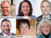 Clark County council candidates for District 3 are (top row from left) John Blom, Tanisha Harris and David Madore, incumbent; and for District 4 are (bottom from from left) Roman Battan, Jennifer McDaniel and Eileen Quiring.