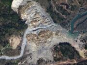 This satellite image captured on April 1, 2014, shows the area of the Oso landslide, which happened on March 22, 2014.