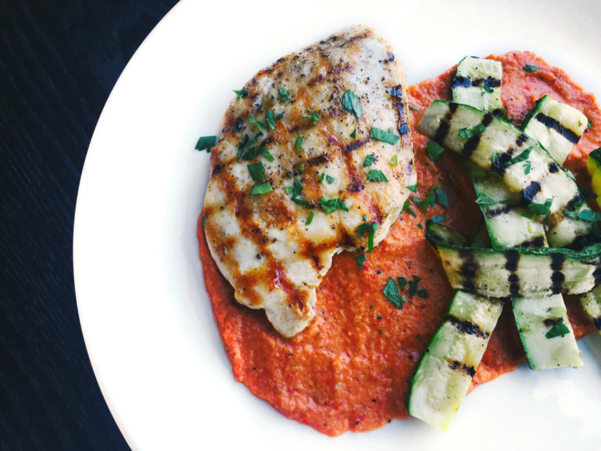 Grilled Chicken and Zucchini With Romesco Sauce.