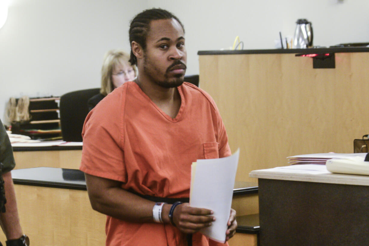 Michael Diontae Johnson, pictured June 13 in Clark County Superior Court, was sentenced Wednesday to five years in prison after swapping identities with a fellow inmate and escaping from the Clark County Jail in May. The sentence will run consecutive to his 24-year prison sentence in Arizona.