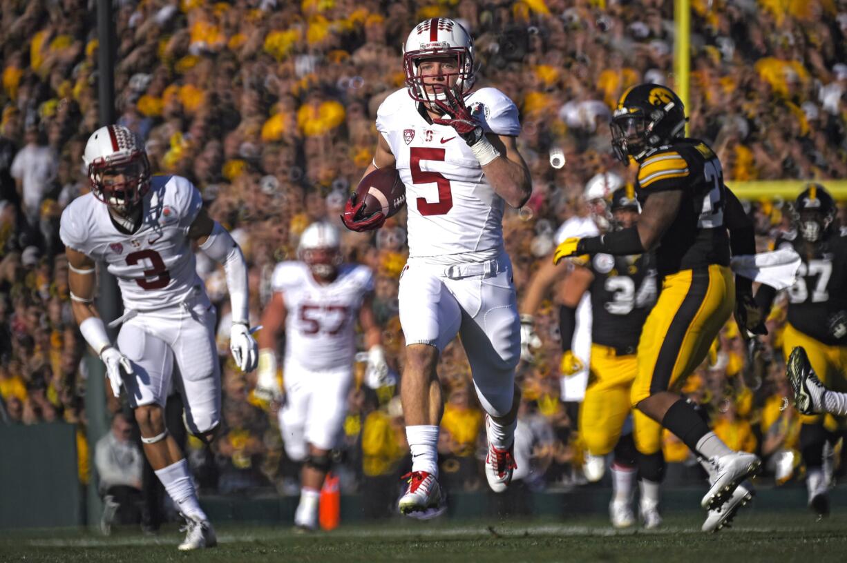 Stanford running back Christian McCaffrey scores against Iowa during the first half of the Rose Bowl game, Friday, Jan. 1, 2016, in Pasadena, Calif. (AP Photo/Mark J.