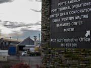 A sign points toward one of NuStar Energy&#039;s terminals at the Port of Vancouver. The company is nearing city approval for its plans to handle ethanol by rail, ship and truck.