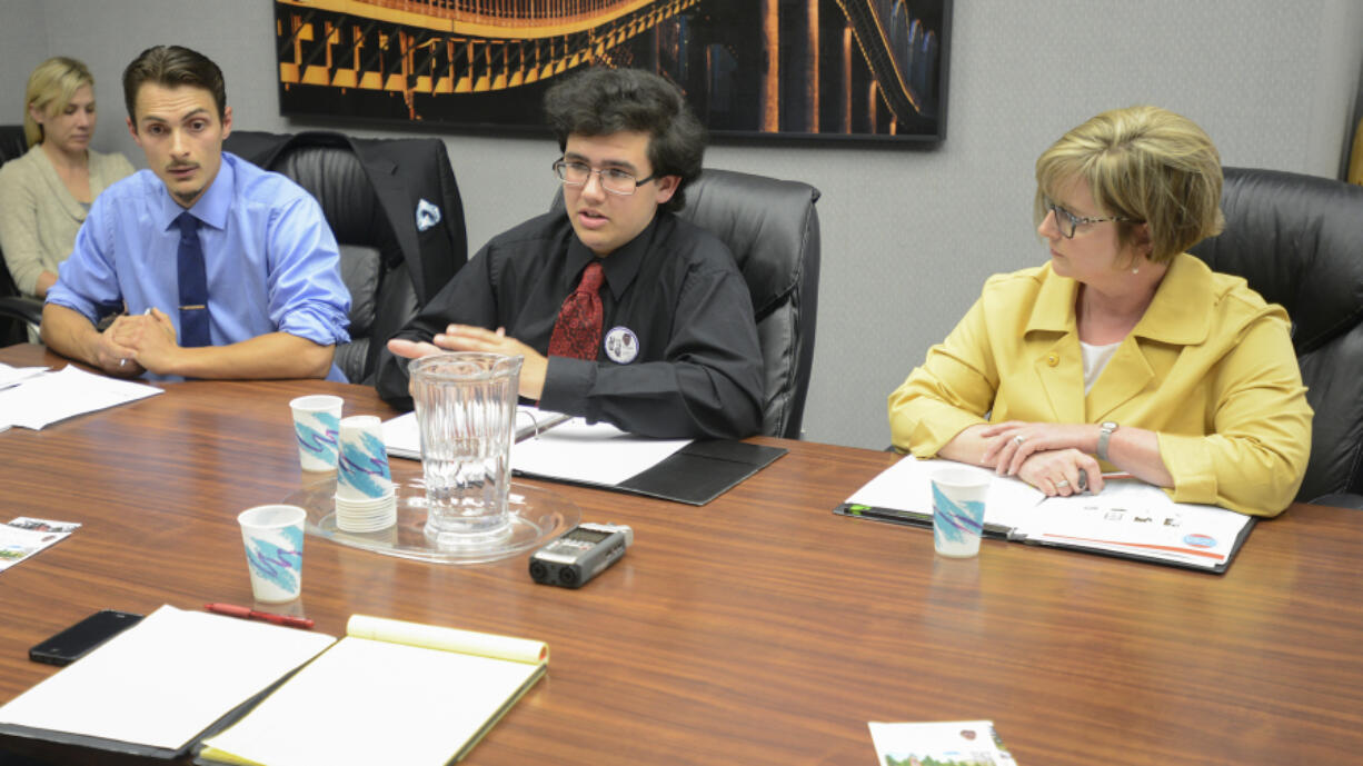 Candidates for the 49th District state Senate seat, from left, independent Justin Forsman, Democrat Vaughn Henderson and Sen. Annette Cleveland, D-Vancouver, attend a meeting Tuesday with The Columbian&#039;s editorial board.