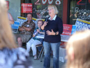 U.S. Sen. Patty Murray, D-Wash., addresses a crowd gathered in front of the Clark County Democratic Party office in Vancouver.