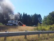 A Thursday afternoon car fire, seen here, blocked northbound traffic on Interstate 5 for a time south of Woodland.