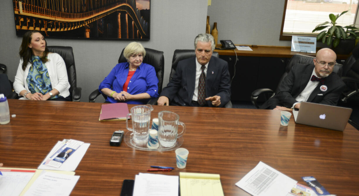 From left, U.S. Rep. Jaime Herrera Beutler, L.A. Worthington, David McDevitt and state Rep. Jim Moeller, candidates for the 3rd Congressional District, meet with The Columbian&#039;s editorial board Tuesday.