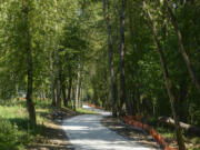 Construction takes place along a waterfront trail near the Port of Camas-Washougal, where the port is opening a large park and trail along the waterfront in the fall.