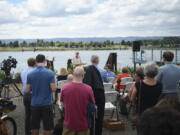 Vancouver Parks and Recreation Director Julie Hannon speaks Monday afternoon at a ground-breaking ceremony for the anticipated Grant Street Pier, which will open as part of the Vancouver waterfront park in 2018.