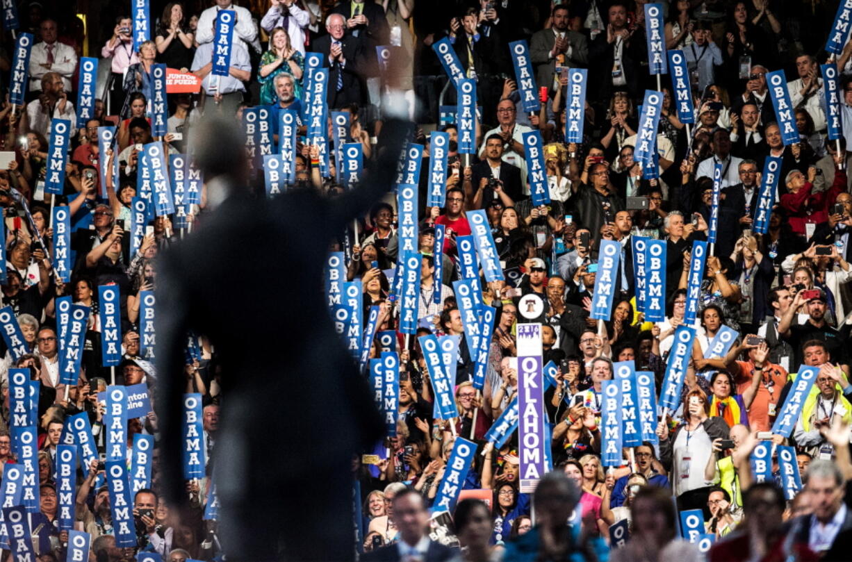 President Barack Obama waves during the third day session of the Democratic National Convention in Philadelphia on Wednesday.