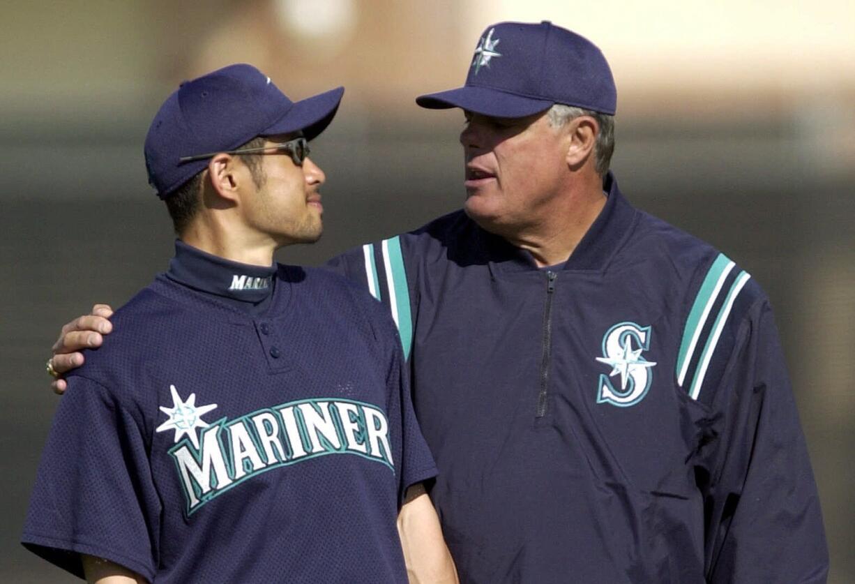 Seattle Mariners' manager Lou Piniella with Ichiro Suzuki at spring training in 2001. All these years later, as Ichiro looks to join the 3,000-hit club in the season's second half with Miami, his first major league manager is taking a lot of pride in watching the chase.