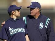 Seattle Mariners' manager Lou Piniella with Ichiro Suzuki at spring training in 2001. All these years later, as Ichiro looks to join the 3,000-hit club in the season's second half with Miami, his first major league manager is taking a lot of pride in watching the chase.