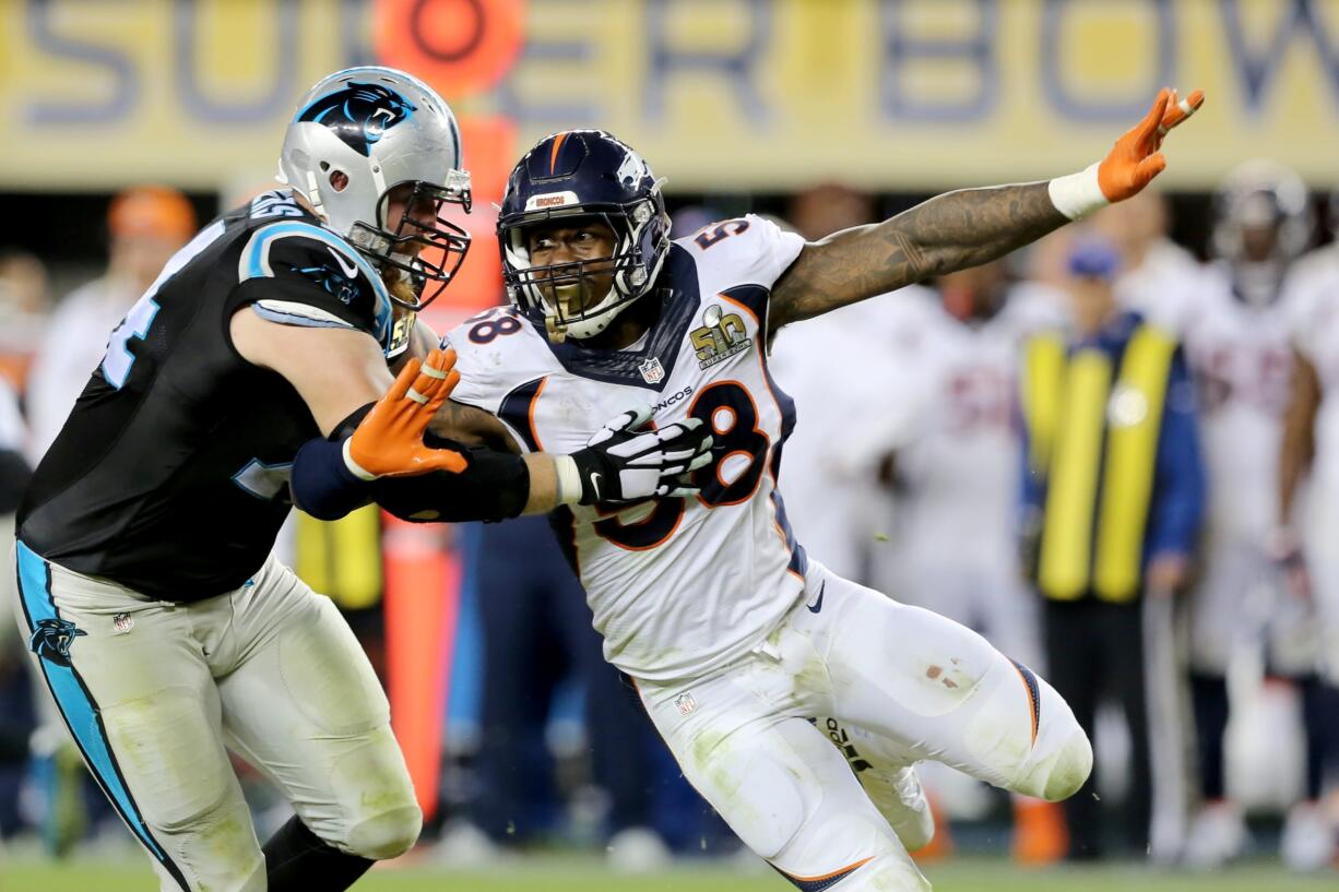 Denver Bronco's Von Miller (58) makes an outside rush against the Carolina Panthers' Mike Remmers (74) during Super Bowl 50.