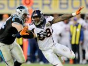 Denver Bronco's Von Miller (58) makes an outside rush against the Carolina Panthers' Mike Remmers (74) during Super Bowl 50.