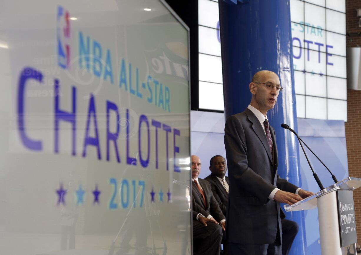 NBA Commissioner Adam Silver speaks during a news conference in 2015 to announce Charlotte, N.C., as the site of the 2017 NBA All-Star basketball game. The NBA is moving the 2017 All-Star Game out of Charlotte because of its objections to a North Carolina law that limits anti-discrimination protections for lesbian, gay and transgender people, Thursday, July 21, 2016.