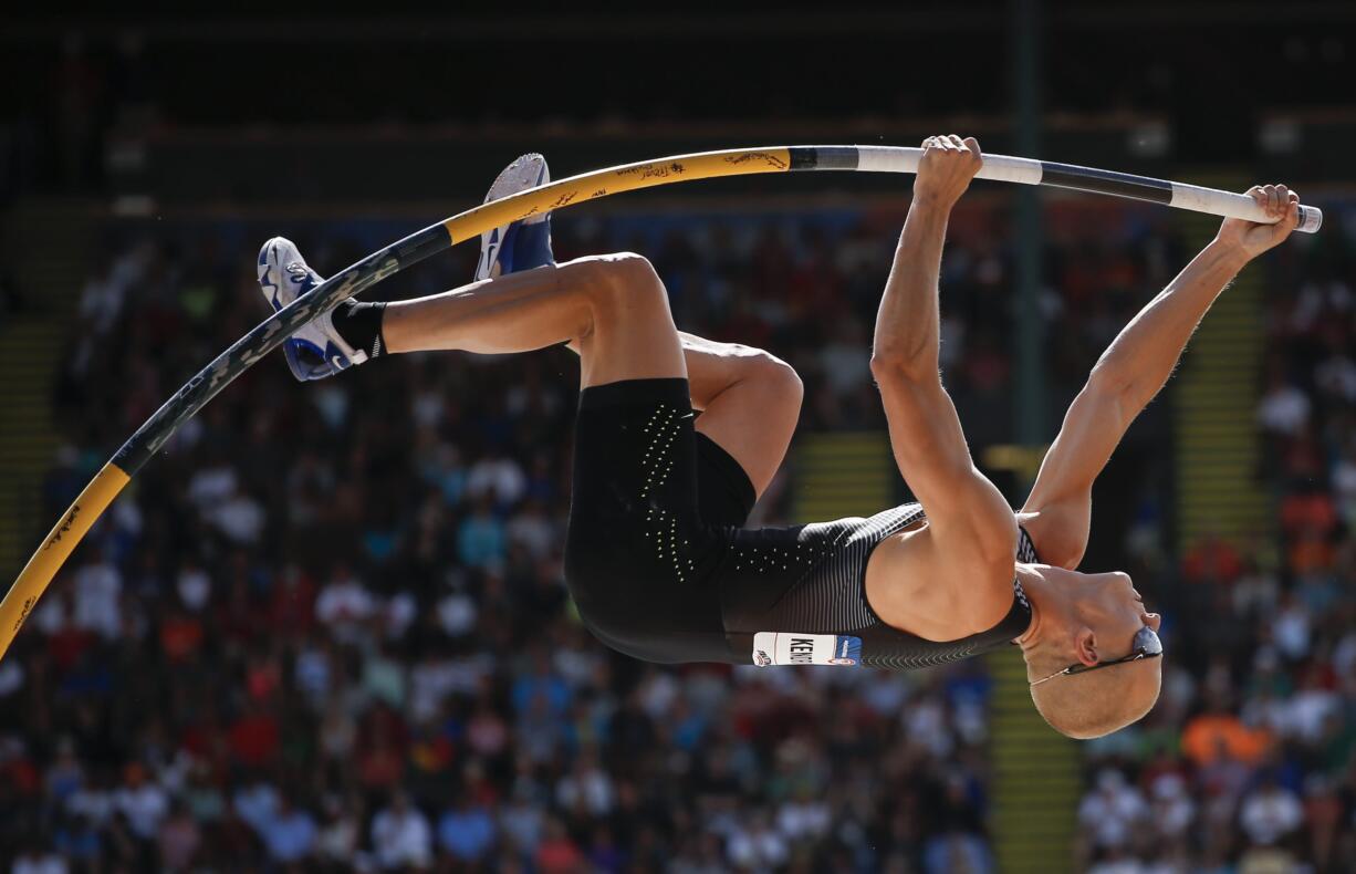 Sam Kendricks competes during the mens pole vault event at the U.S. Olympic Track and Field Trials, Monday, July 4, 2016, in Eugene Ore.