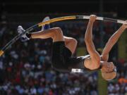 Sam Kendricks competes during the mens pole vault event at the U.S. Olympic Track and Field Trials, Monday, July 4, 2016, in Eugene Ore.