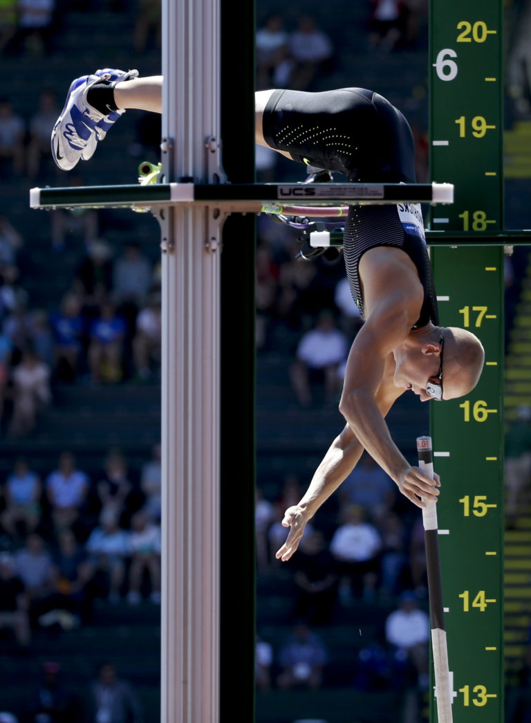 Sam Kendricks clears the bar during the mens pole vault event at the U.S. Olympic Track and Field Trials, Monday, July 4, 2016, in Eugene Ore.