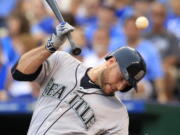 Seattle Mariners catcher Chris Iannetta fouls off an inside pitch by Kansas City Royals reliever Luke Hochevar during the seventh inning of a baseball game at Kauffman Stadium in Kansas City, Mo., Saturday, July 9, 2016.