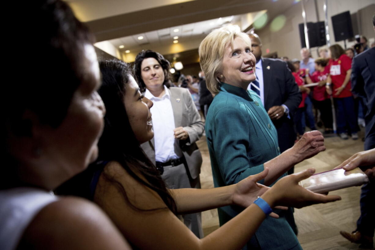 Democratic presidential candidate Hillary Clinton greets supporters after speaking at a rally at the Culinary Academy of Las Vegas in Las Vegas, Tuesday, July 19, 2016.