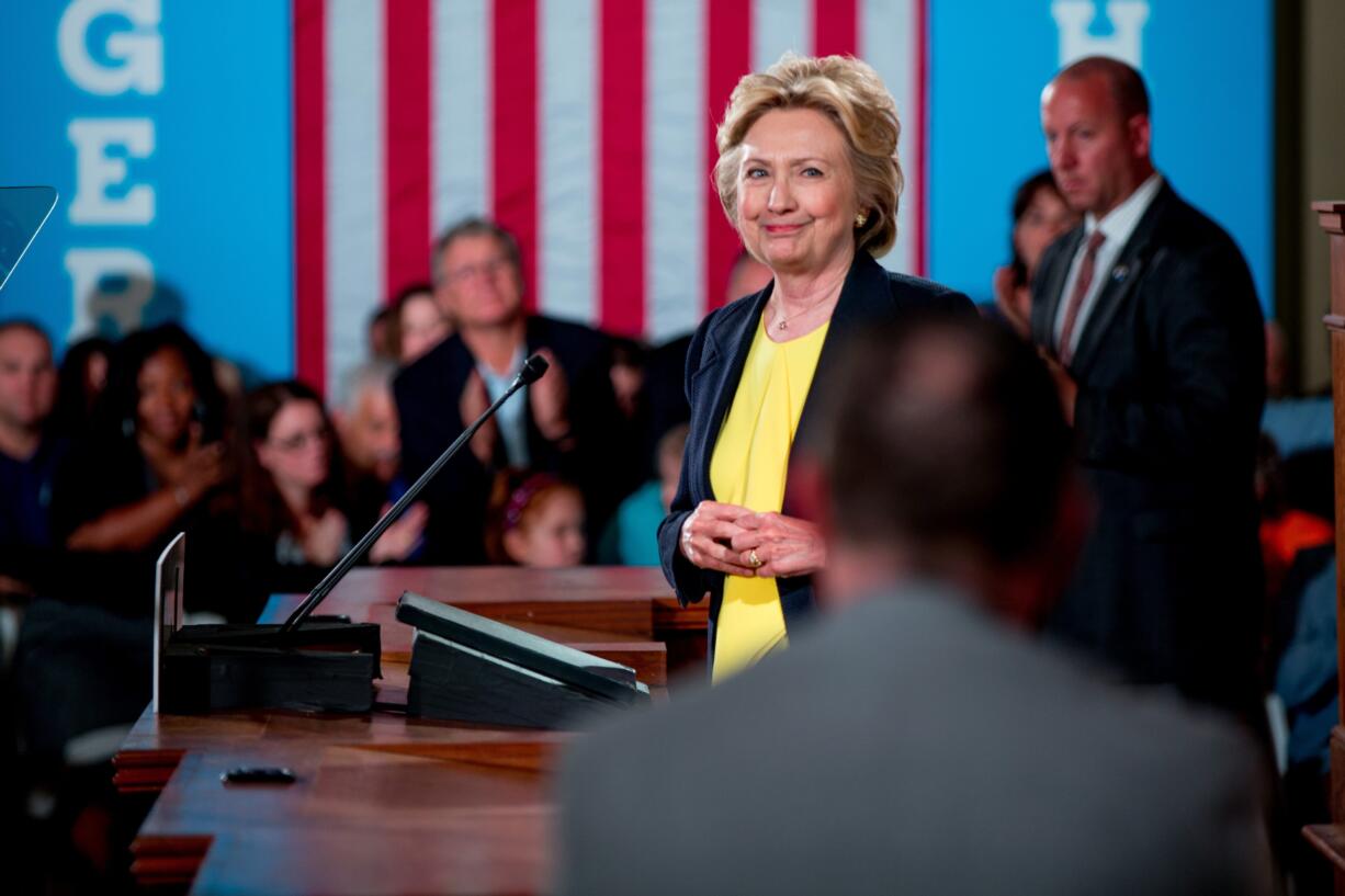 Democratic presidential candidate Hillary Clinton smiles after speaking at the Old State House in Springfield, Ill., Wednesday, July 13, 2016.