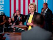 Democratic presidential candidate Hillary Clinton smiles after speaking at the Old State House in Springfield, Ill., Wednesday, July 13, 2016.