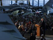 Republican presidential candidate Donald Trump speaks during a campaign rally at Wings Over the Rockies Air and Space Museum, Friday, in Denver.