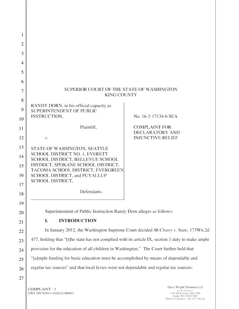 A lawsuit filed by the state superintendent of public instruction over school funding names Evergreen Public Schools as a defendant. PDF